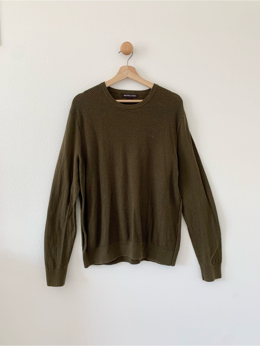 ❤️ 3/50 Michael Kors Olive Green Waffle Knit Crewneck Long Sleeves Sweater Large